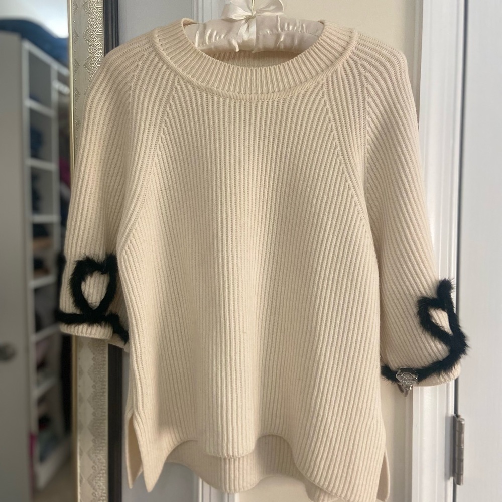 Fendi Cream Cashmere Blend Sweater with Black Fur Accents